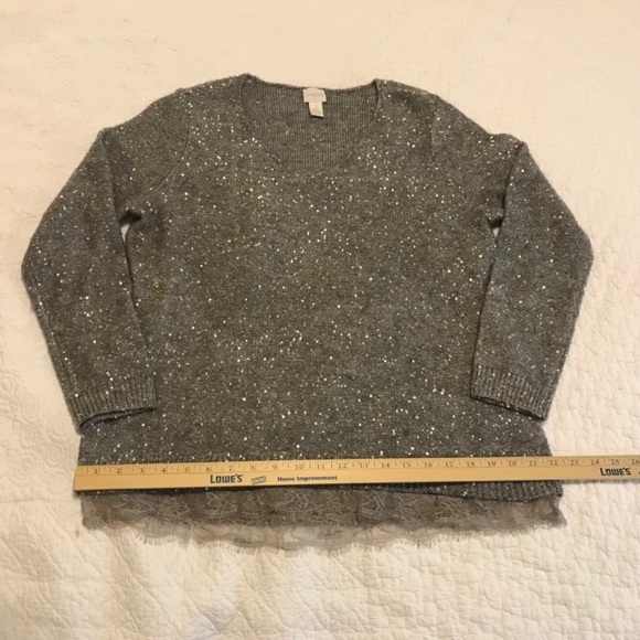 Chico’s long sleeved heather gray vneck sweater with tiny metallic sequins (L) - Picture 7 of 16
